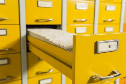 dettaglio di un catalogo a schede utilizzato per le ricerche in biblioteca: cassetto contenente schede a stampa che riproducono le indicazioni bibliografiche di volumi e riviste