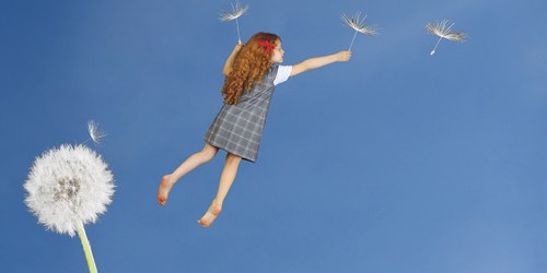 immagine estratta dalla locandina del seminario: una bambina dai lunghi capelli rossi vola in un cielo azzurro aggrappata a due petali di un soffione